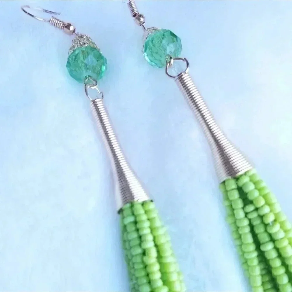 Green bead fringe earrings